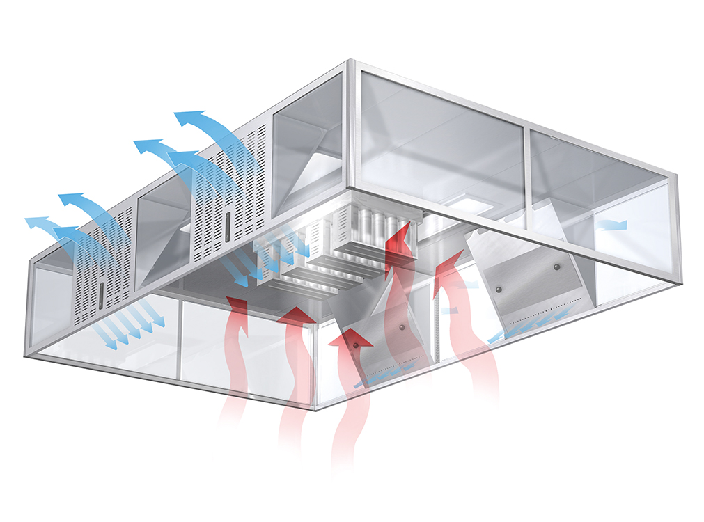 Fresh air is supplied to the kitchen via the air terminals, which are integrated into the sides of the hood. Jets of control air enhance the hood’s odour capture capacity. The exhaust air is effectively filtered in the cyclone filter. The recessed lighting is dustproof and can be exposed to water.